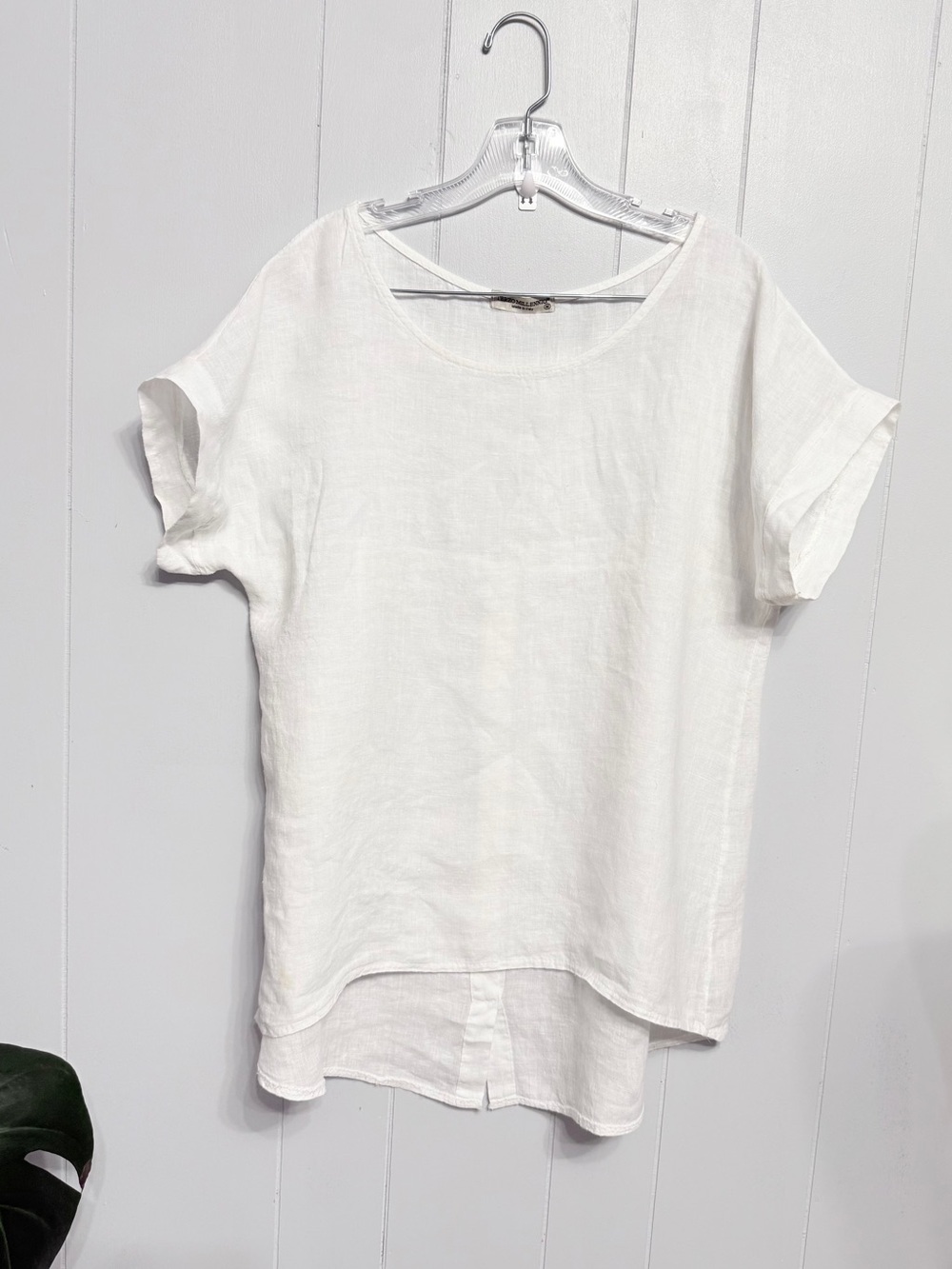 #14) Women's White Linen Short-Sleeve Top with Button Detail Back